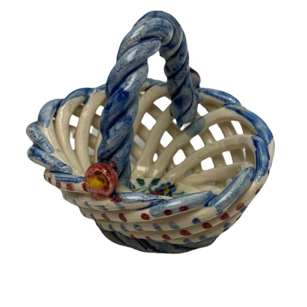 Mini Delicate Hand Painted Porcelain Pottery Rose Woven Basket from Spain